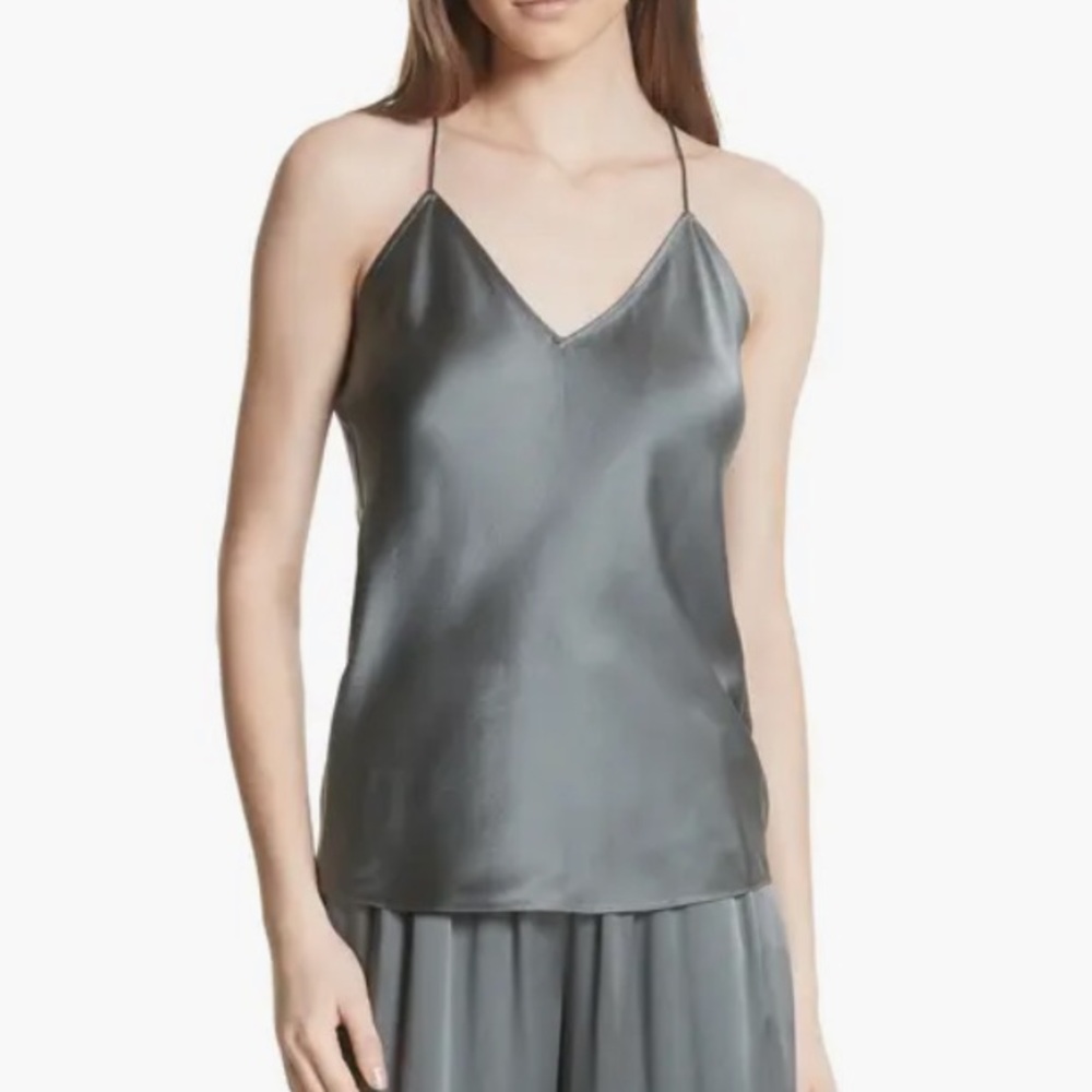 NWT Theory 100% Silk Draped Back Slit Top Vintage Satin Gray Size M